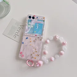 For Samsung Galaxy Z Flip 5 4 3 Case Flowers Painted Bracelet Transparent Shockproof Protection PC Hard Back Case Accessories