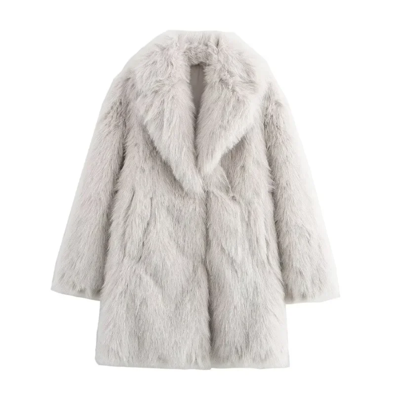 Medium Long Styles Fashionable Beige Lapels Outerwear Long Sleeves Jacket Elegant Commuting Imitation Fur Coat Women's Clothing