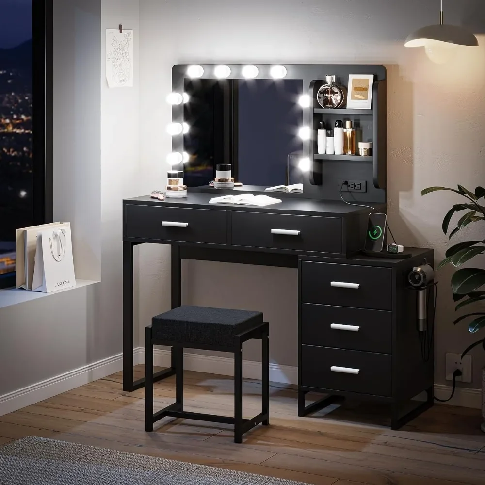 Dressing with Lighted Mirror and Power Strip  with Storage Shelves and Cushioned Stool, 5 Drawers Large Capacity Dressing Table