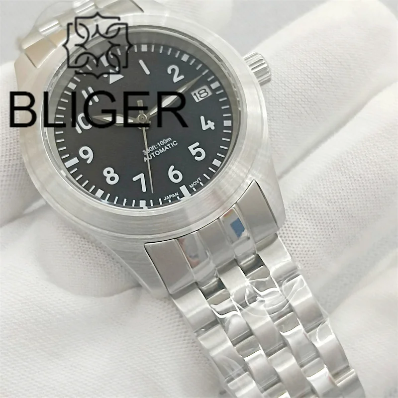 BLIGER 36mm/39mm Dive Pilot Watch For Men Brushed Bezel Domed Sapphire Crystal NH35 Automatic Movement Waterproof Steel Bracelet