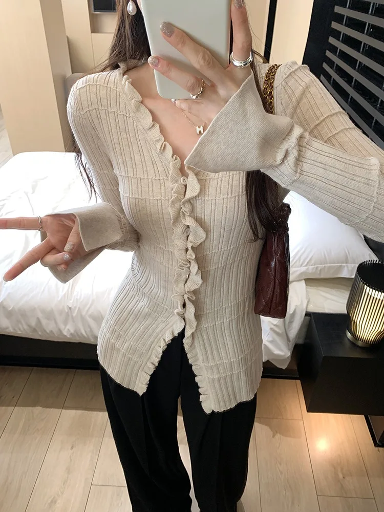 

Женский облегающий вязаный свитер с длинным рукавом, корейский стиль, повседневный, модный, с V-образным вырезом, из полиэстера