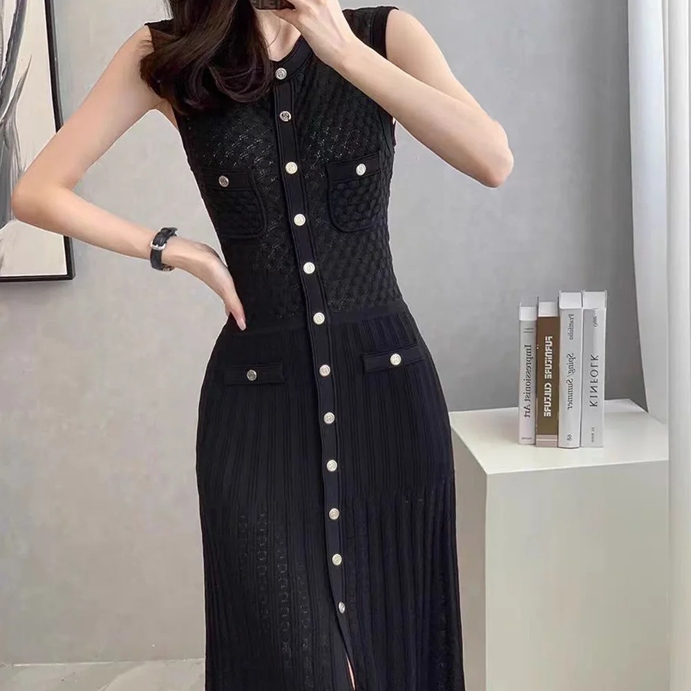 

Dress Summer Round Neck Single Breasted Sexy Skinny Knit Dresses Women's Long Dresses