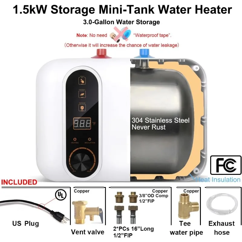 Water Heater 110/120V Small Compact Tank Storage,Rv Tr 2.5-3.0 Gallon Trailer 1.5KW Kitchen Instant Under Sink Counter Cupboard,