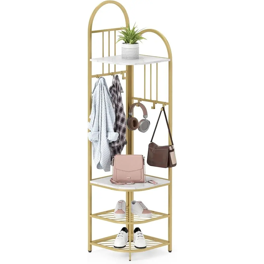 

71 White & Gold Entryway Coat Rack with Shoe Storage, 6 Hooks, and 4-Tier Shoe Organizer