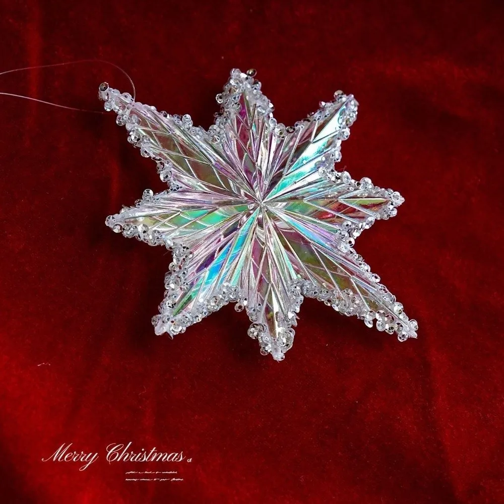 Plastic Star Ornament Iridescent Finish Bead Edge Christmas Tree Pendant Explosion Star Shape Hanging String Festive Star Hanger