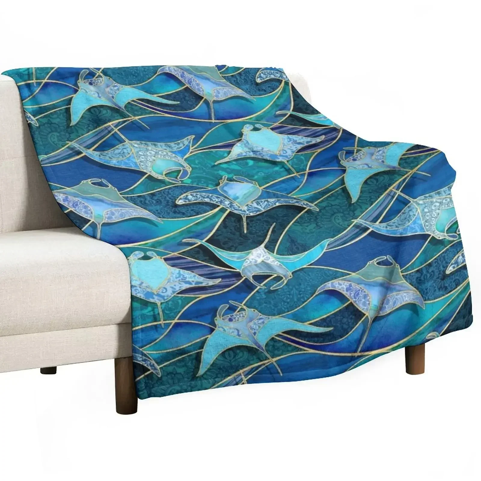 

Patchwork Manta Rays in Sapphire and Turquoise Blue Throw Blanket Cute Luxury St Blankets