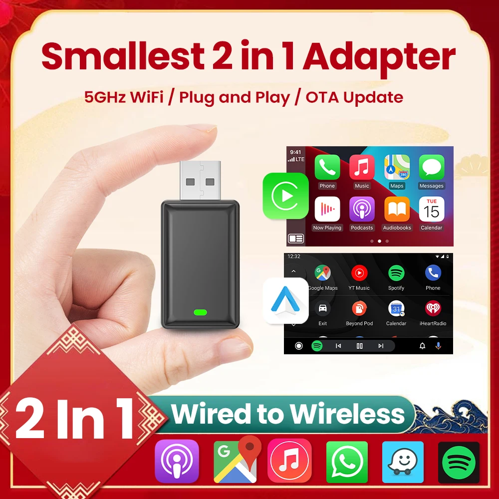 Wireless Android Auto Carplay Adapter 2in1 Play and Plug  Bluetooth WIFI Smart Dongle For Dacia Opel Nissan Skoda Lexus Maxus