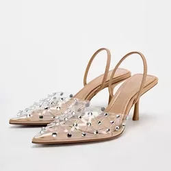 TRAF szpilki w stylu francuskim Slingback dla kobiet Rhinestone przezroczyste wentylowane czółenka z główką damskie eleganckie sandały buty