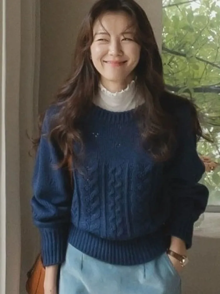 시크 빈티지 롱 슬리브 여성 니트웨어 라운드 넥 부드럽고 편안한 겨울 상의 출퇴근용 기타 소재 00%