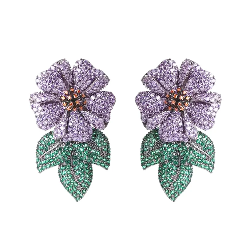 CWWZircons Big Chunky Micro Pave Purple Cubic Zirconia Stones Statement Luxury Flower Wedding Bridal Party Long Earrings E0619