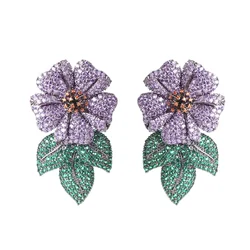 CWWZircons Big Chunky Micro Pave Purple Cubic Zirconia Stones Statement Luxury Flower Wedding Bridal Party Long Earrings E0619