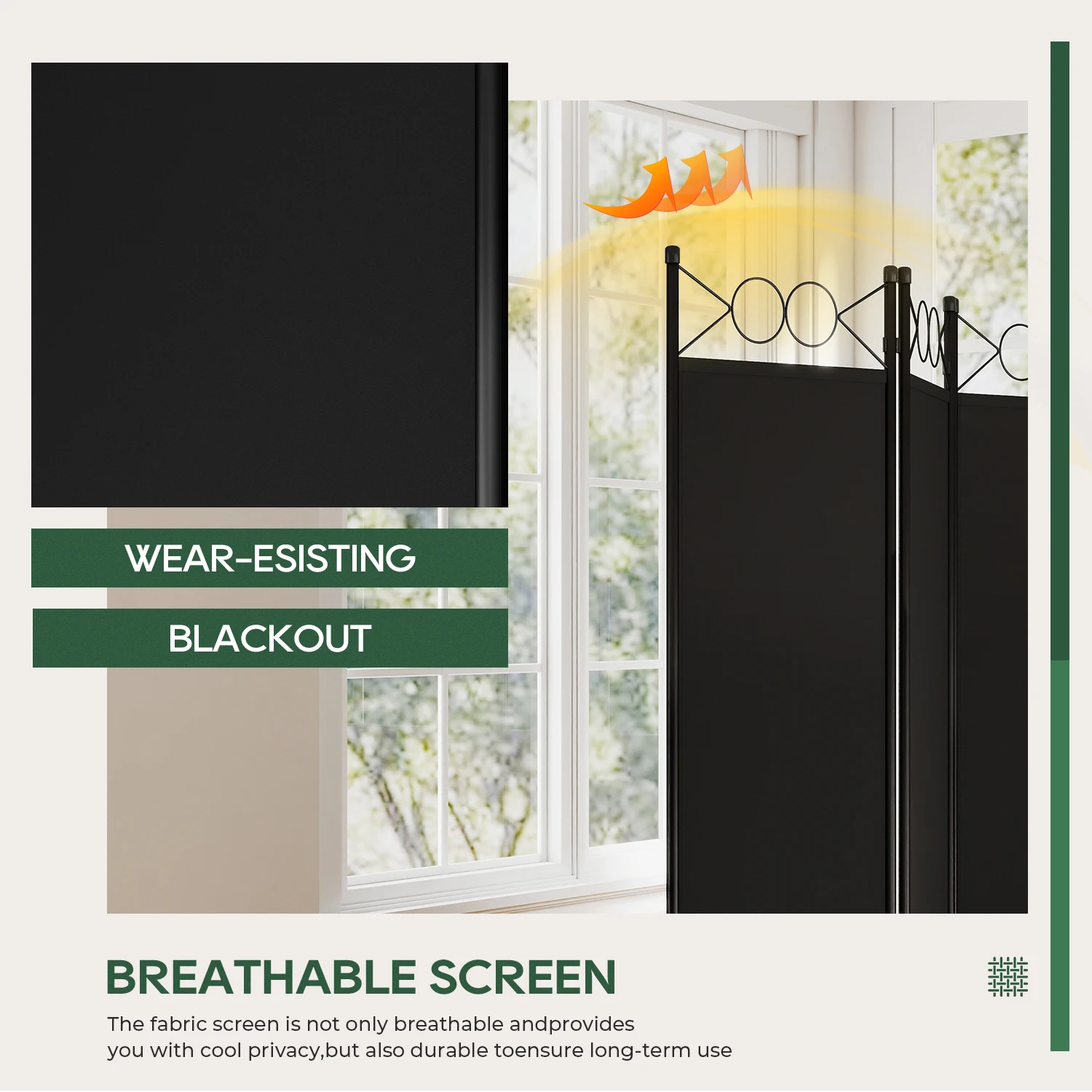 مقسم الغرفة، 4 ألواح إطار فولاذي بطول 6 أقدام، شاشة خصوصية قابلة للطي مع قماش مقاوم للماء ووسادات قدم مضادة للانزلاق للمكتب المنزلي. أسود