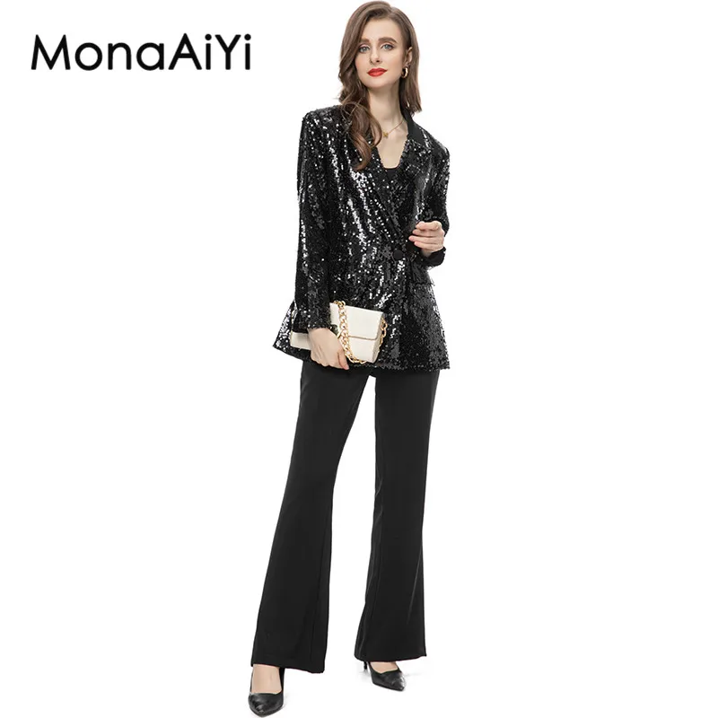 

MonaAiYi Runway 2023 Newest High Street Fashion Designer Women's Sequin Black Blazer+High Waist Flared Trousers 2pcs Set