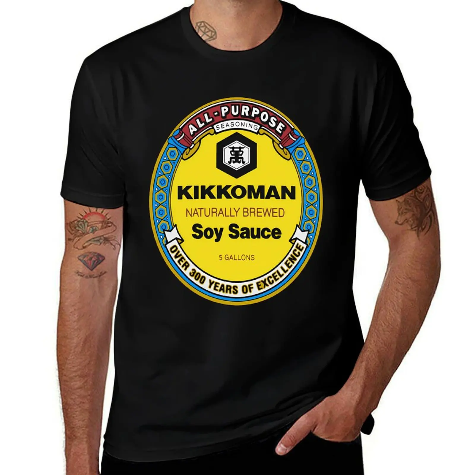 Camiseta de algodón negra divertida de manga corta para hombre con diseño estampado de salsa de soja Kikkoman para todo uso