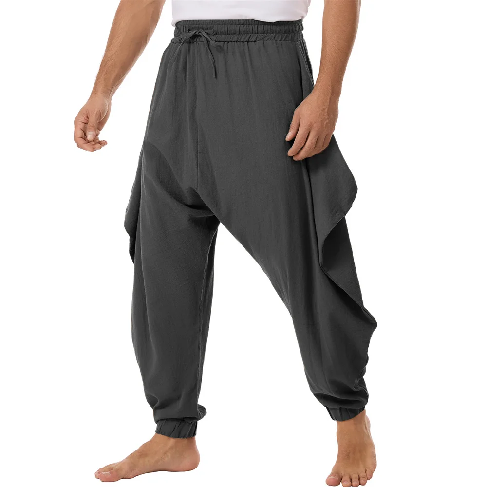 

Men's Cotton Linen Pants Fashion Design Drawstring Breathable Lightweight Hip Hop Harem Pants Solid Color Stylish Trousers