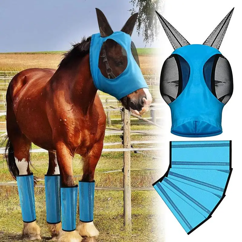 Adjustable Breathable Horse Mask Anti-mosquito Horse Hood Horse Fly Boots Leg Wraps Mesh Fly Protective Cover