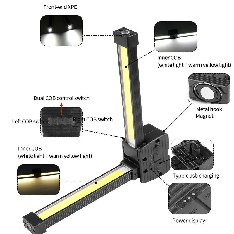 Lampada da lavoro pieghevole a LED COB Lampada da campeggio magnetica impermeabile Luminosa 3 colori USB C ricaricabile per riparazioni di emergenza all'aperto