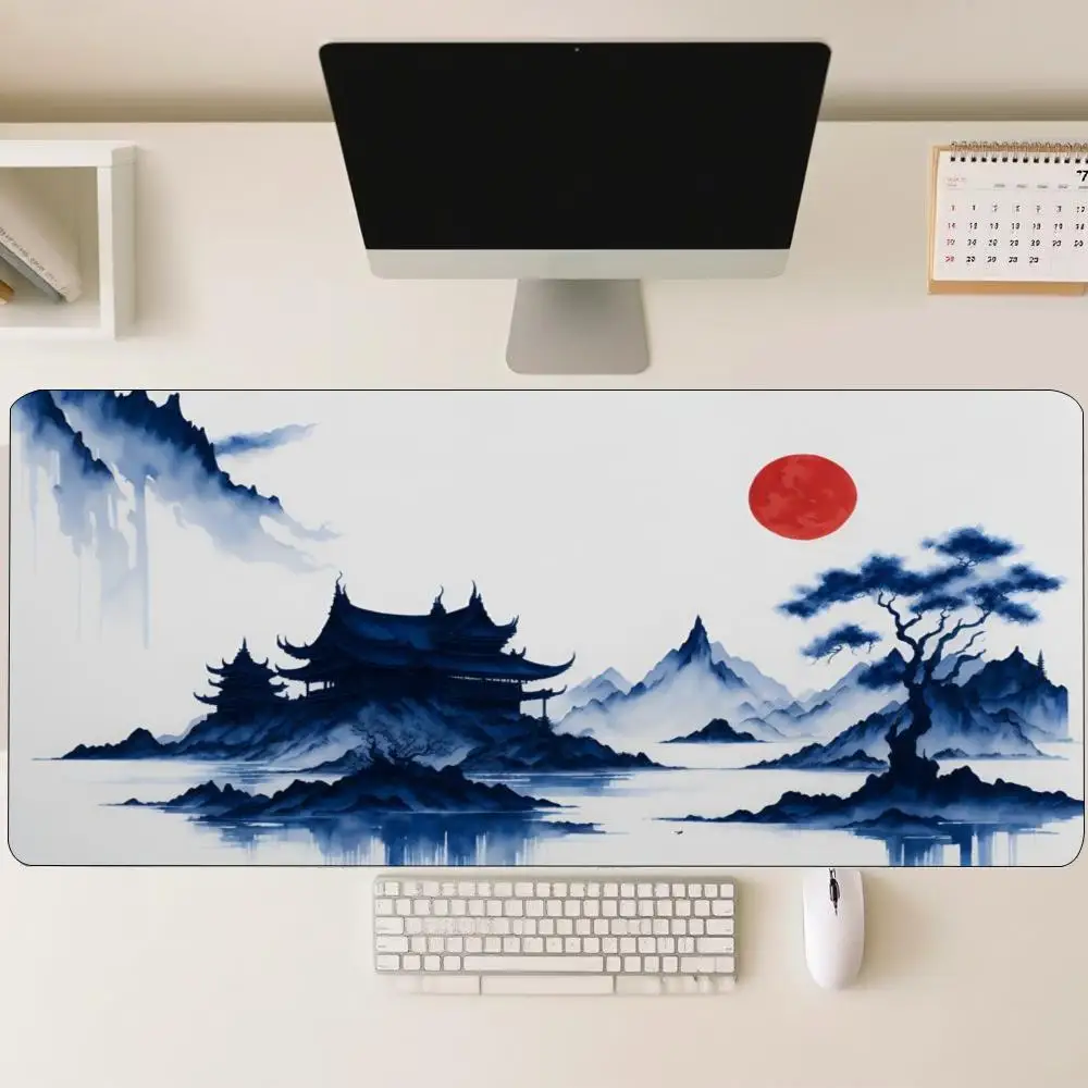 Chinese Landscape Mountain Pavilion Red Sun Birds Large Desk Mat Non Slip Rubber Gaming Mouse Pad For Pc Desk Accessories