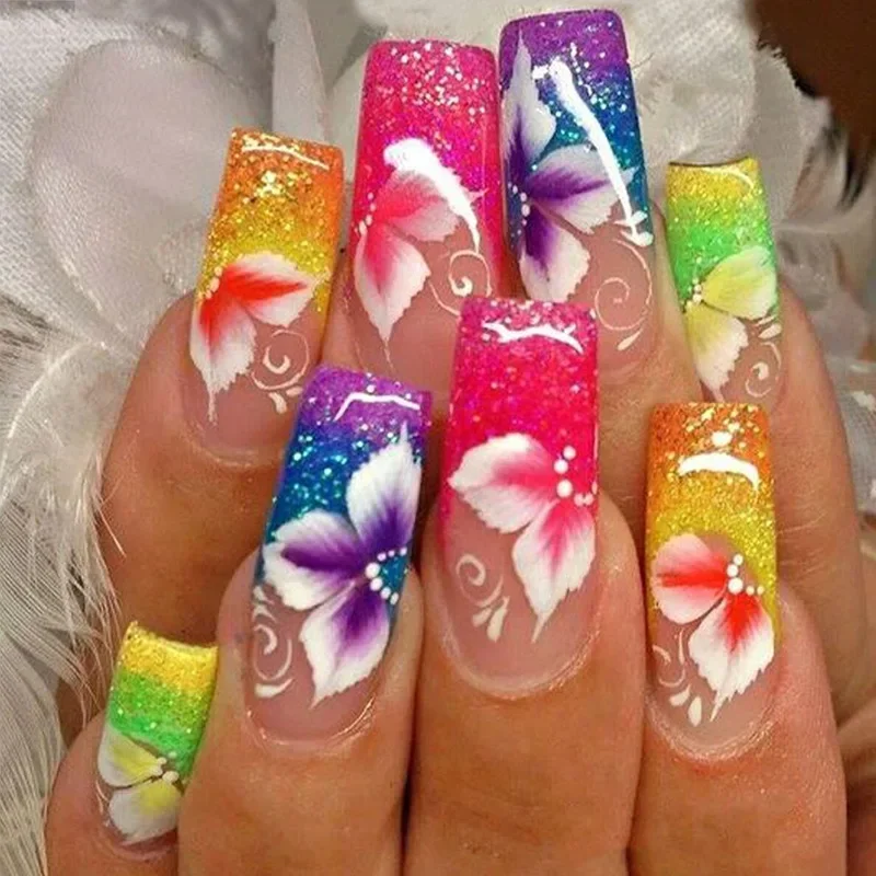 24 stuks Franse pers op nagels Medium kunstnagels met glitter Kleurrijke rand Draagbare ballerina nepnagel Volledige dekking manicuretips