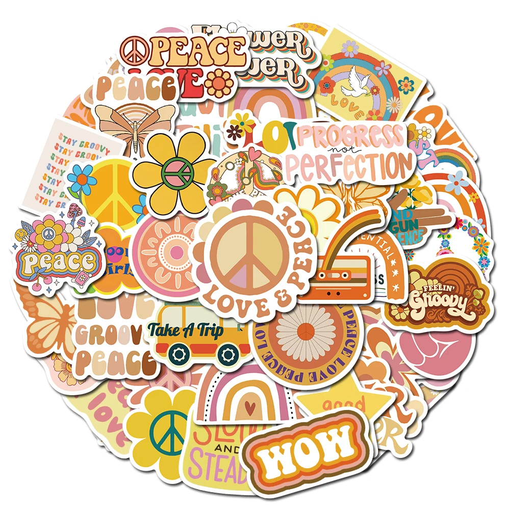 50PCS Hippie Yellow Peace Stickers For DIY Diary Notebook Guitar Scrapbooking Motorcycle Laptop Luggage Graffiti Decals