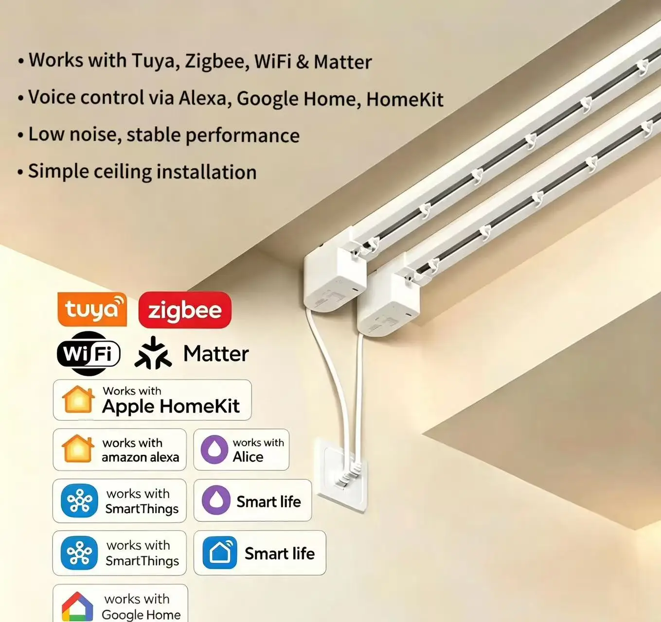 Smart Electric Curtain Motor with Remote Control, Quiet Motor for Curtain Track, Easy Installation