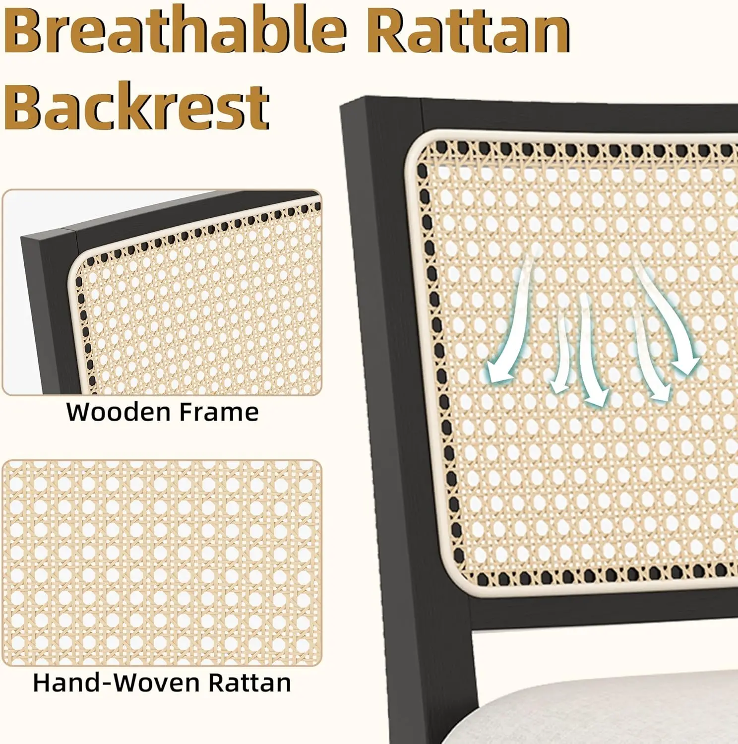 Westice Rattan Bar Stools Set Of 4, 26"" Farmhouse Counter Height Stools With Natural Rattan Back And Wood Frame, Upholstered