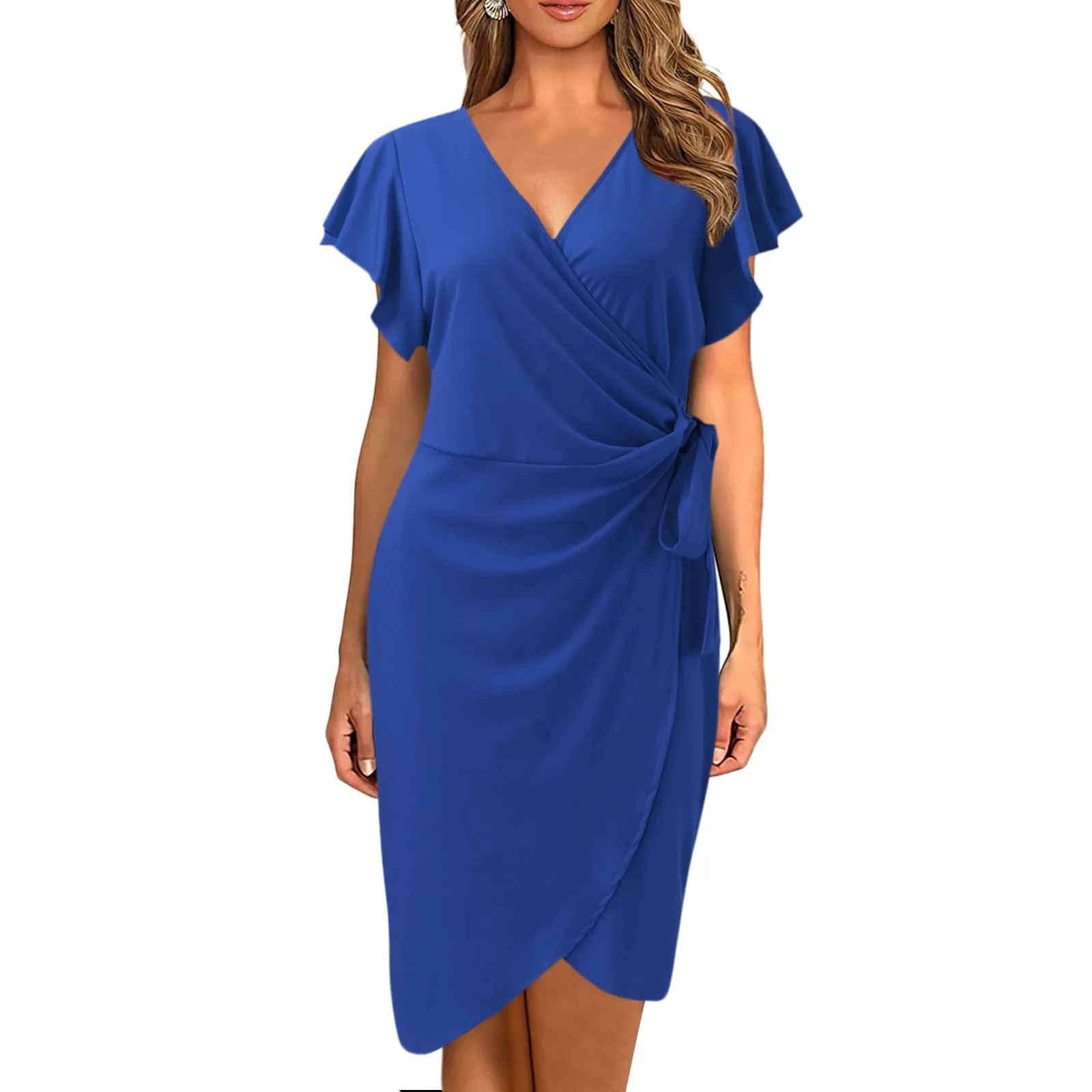 Womens Deep V Neck Ruffle Sleeve Women'S Dress Casual Work Faux Female Elegant Formal Dresses Cocktail Party Evening Vestidos