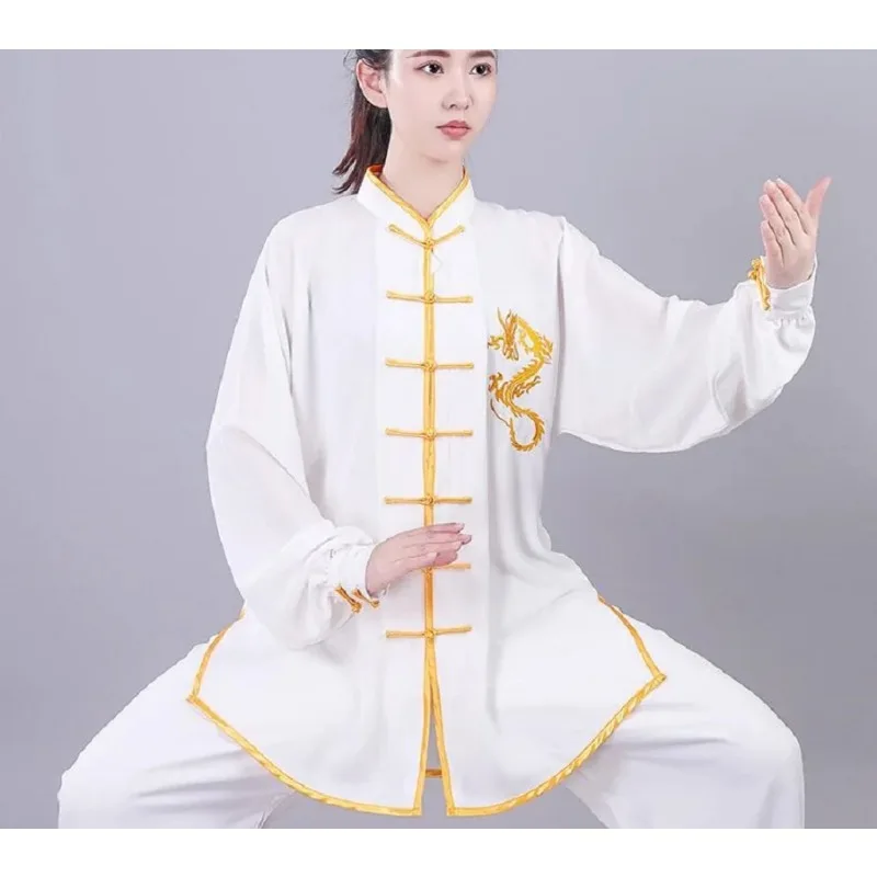 

Оптовая продажа: Новые китайские костюмы для кунг-фу для мужчин и женщин, с вышивкой золотым драконом, с длинными рукавами, для тай-чи и боевых искусств, комплект униформы