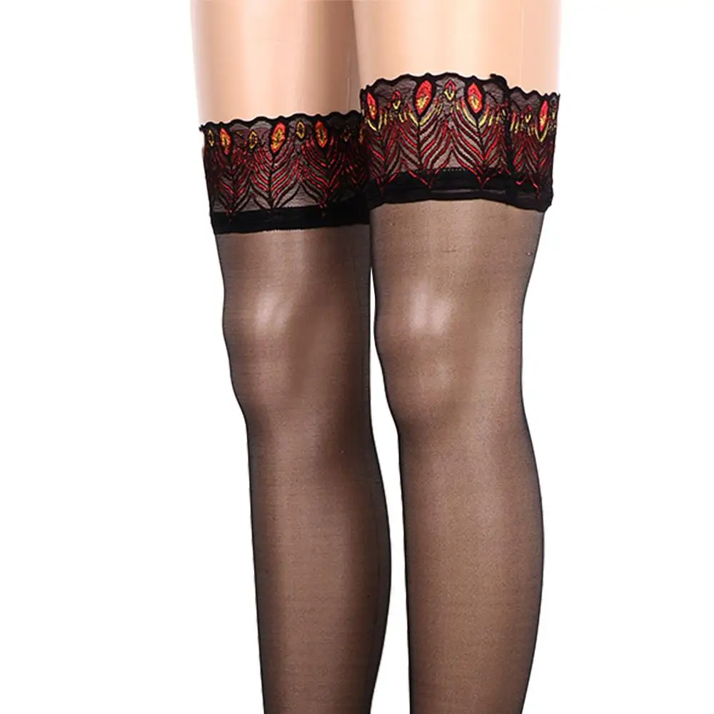 Hottest Fashion Anti Slip Embroidery Lace Leg Lingerie Peacock Feathers Stocking Striped Over Knee Stockings Thigh Highs