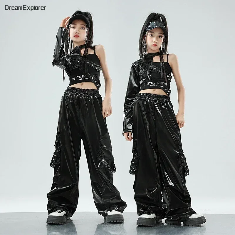 Girls K-pop Crop Top Cuff Hip Hop Cargo Pants Clothes Set Child Shiny PU Leather Street Dance Costume Kids Camouflage Streetwear