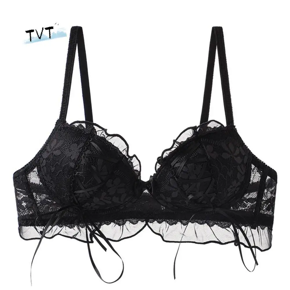 

Lingerie Bowknot Wireless Deep V Bra Mesh Flower Shockproof Underwear for Women Anti-sagging Lolita Sweet Lace Push Up Bra Girls