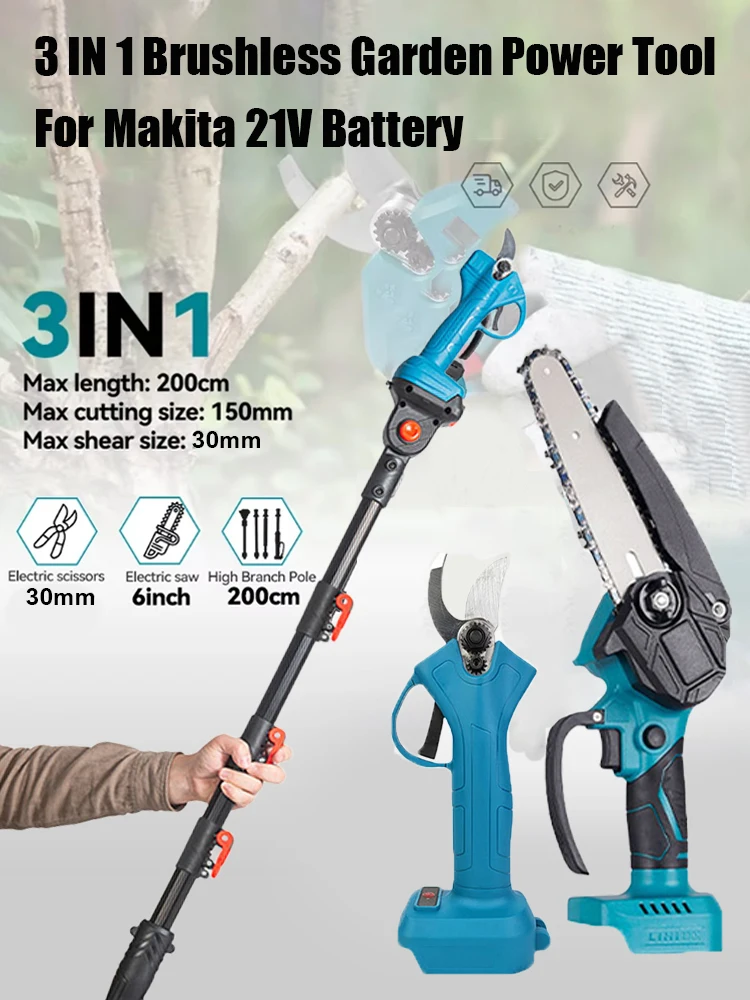 

3 IN 1 Brushless Garden Power Tool For Makita 21V Battery Telescoping Pole 6inch Electric Chainsaw & 3cm Pruning Shears NoBattey