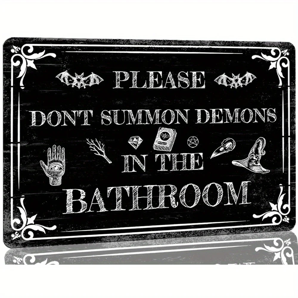 Vintage-Gothic-Metallschild – „Bitte beschwören Sie den Teufel im Badezimmer nicht“ – vielseitig einsetzbar, stromfrei