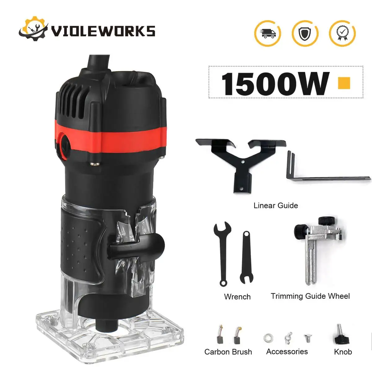 VIOLEWORKS 1500W Hand Wood Router Woodworking Electric Trimmer 220v for 6.35mm 30000rpm Milling Cutter Machine Power Tool