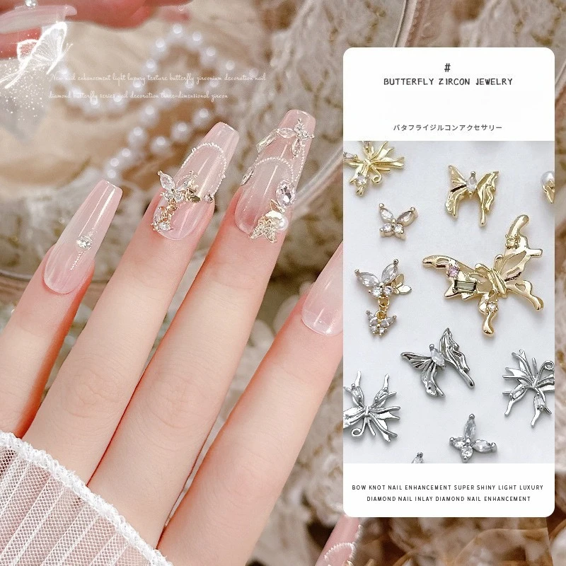 1Pc popular zircon butterfly nail charm, luxury diamond-set 3D metal ornament for stylish exquisite nail art decoration