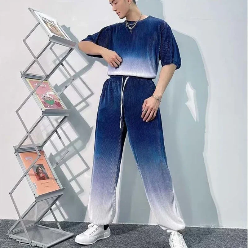 Sweatpants Male T Shirt Trousers Sets Ice Silk Regular Fit Original Brands Slim Stretch Basic Tee Two-piece Cool Men's Pants Set