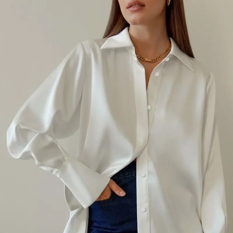 Autumn Blouse Satin Shirt Solid Loose Casual Silk Top Fashion Women Office Lady Clothes White Shirt Long Sleeve Women Tops 28697