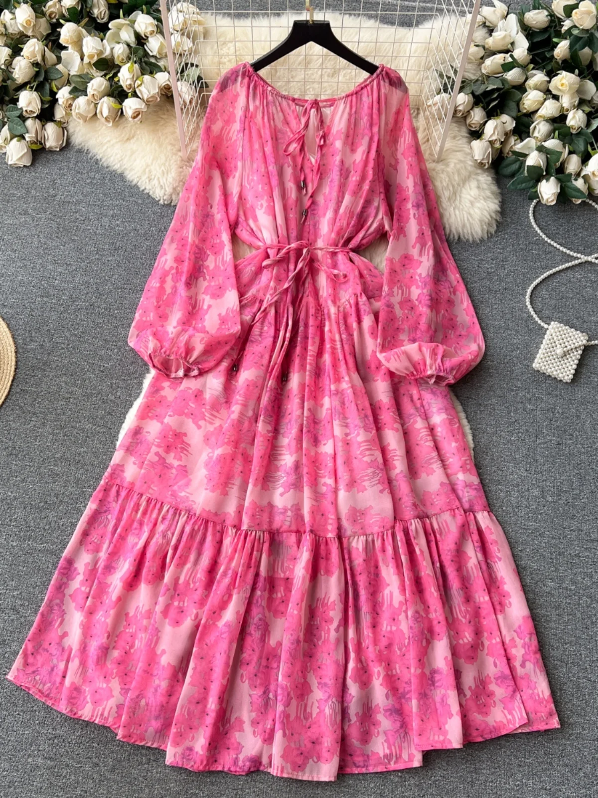 ロマンチックな花柄プリントロングドレス レディース ランタンスリーブ タイデザイン ハイウエスト Aラインスカート 韓国風サマードレス