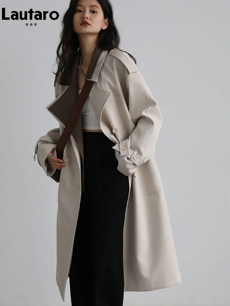 Lautaro Spring Autumn Long Patchwork Trench Coat for Women Elegant Chic Luxury Designer Fake 2 Pieces Clothes Runway Fashion view 3