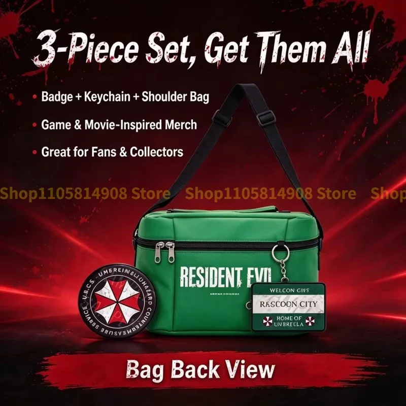 Resident Evil Raccoon City Bryan Cosplay Accessories, Green Medical Cross Messenger Bag, Umbrella Badge and Keychain Prop