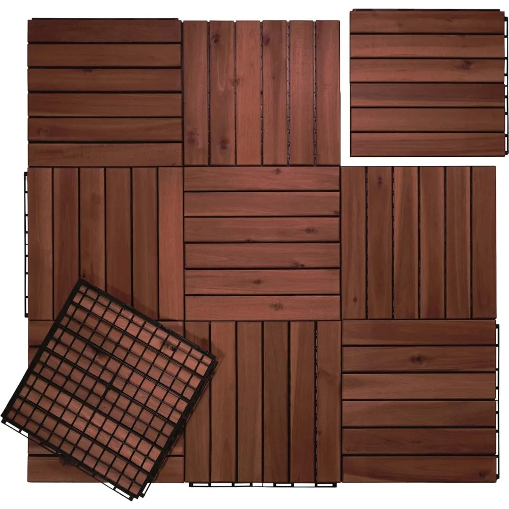 

Interlocking Deck Tiles - 60 PCS Waterproof Acacia Wood Patio Tiles, Flooring Tiles, Decking Stripe Pattern 12 x 12 x 0.9 inches