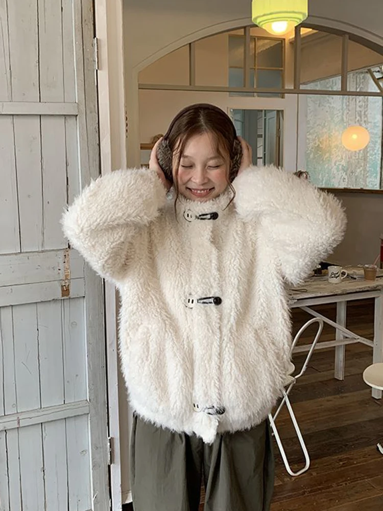 فو لامب المرأة لطيف معطف أبيض موضة الكورية الوقوف طوق كم طويل سترة حلوة شتاء دافئ سميكة فضفاضة جيوب القمم