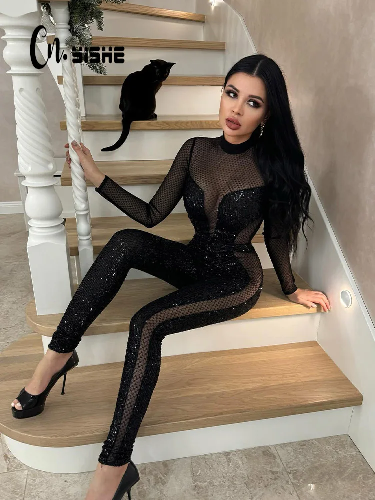 CNYISHE Mesh Sequins Patchwork Sheer Hollow Out Women Jumpsuits Long Sleeve O Neck Fashion Sexy Club Sheath Slim Female Tompers