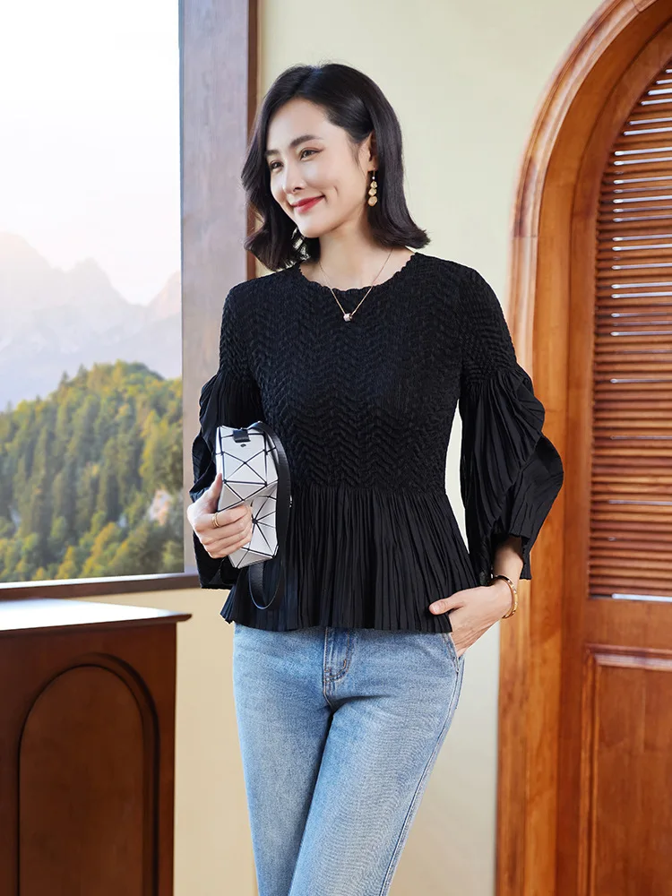 Bubble Sleeve Top Women's High-end Pleated Western Style T-shirt New Casual All-match Small Shirt