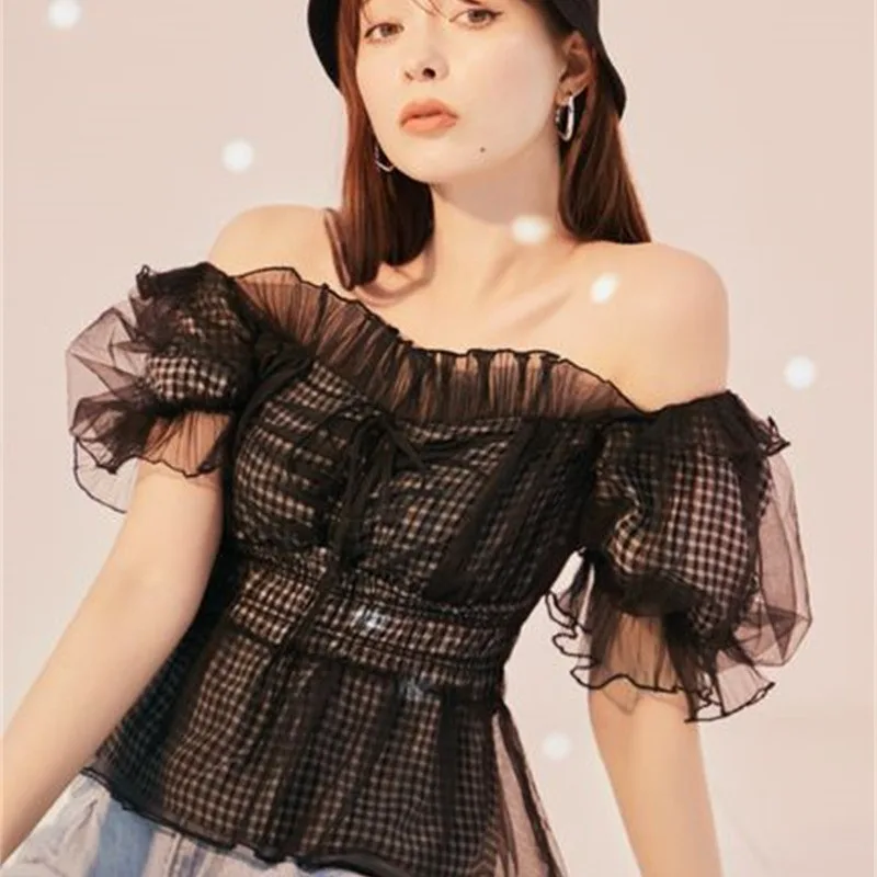 

Spring Sweet Sweet Slash Neck Puff Sleeve Elegant Blouses Off Shoulder Mesh Lace Up Shirt Japan New Moda All-match Casual Blusas