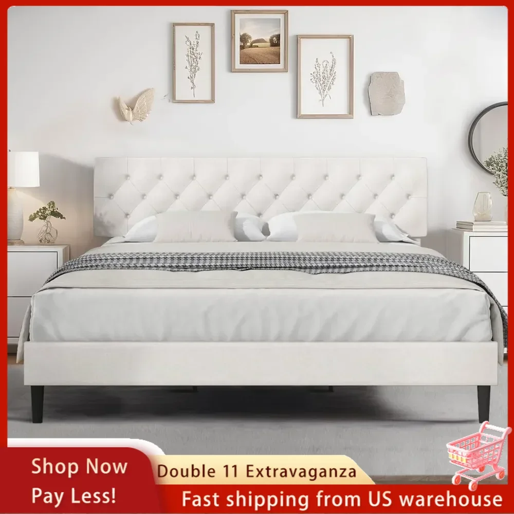 Size Bed Frame with Headboard, Linen Fabric Upholstered Bed Frame with Wood Slats, Button Tufted, No Box Spring Needed