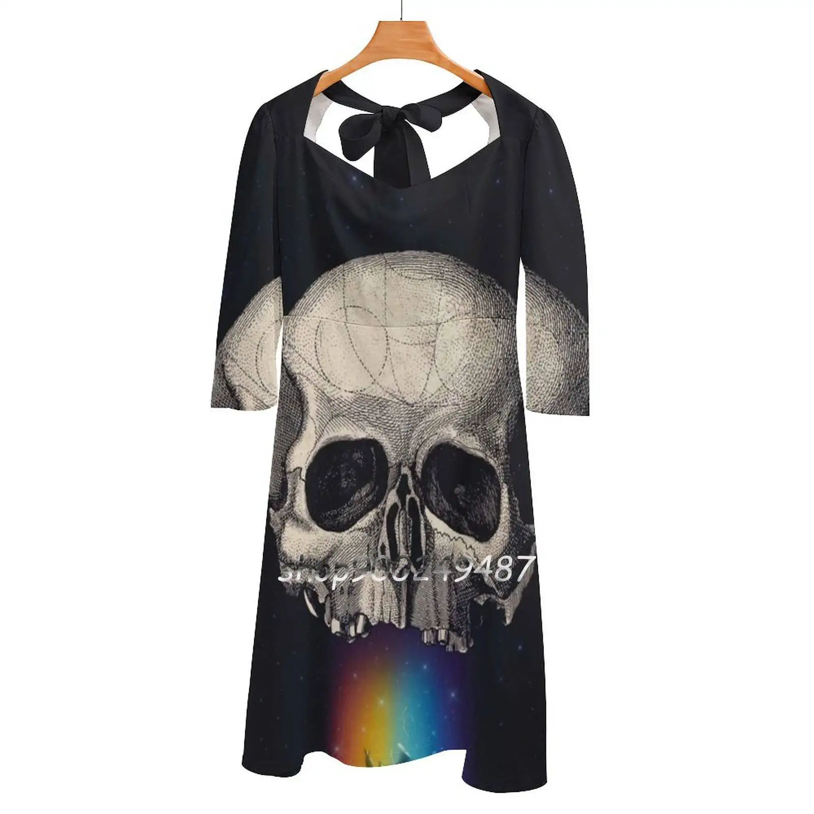 Iridescent Oblivion Sweetheart Knot Flared Dress Fashion Design Large Size Loose Dress Astronaut Space Stars Cosmos Skull Death