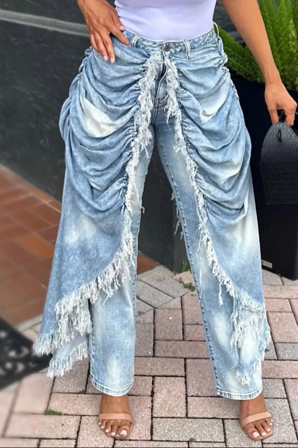 Daily Blue Pocket Ruched Frayed Trim Casual Contrast Denim Jeans High Street Vintage Casual Asymmetric Denim Trousers for Women