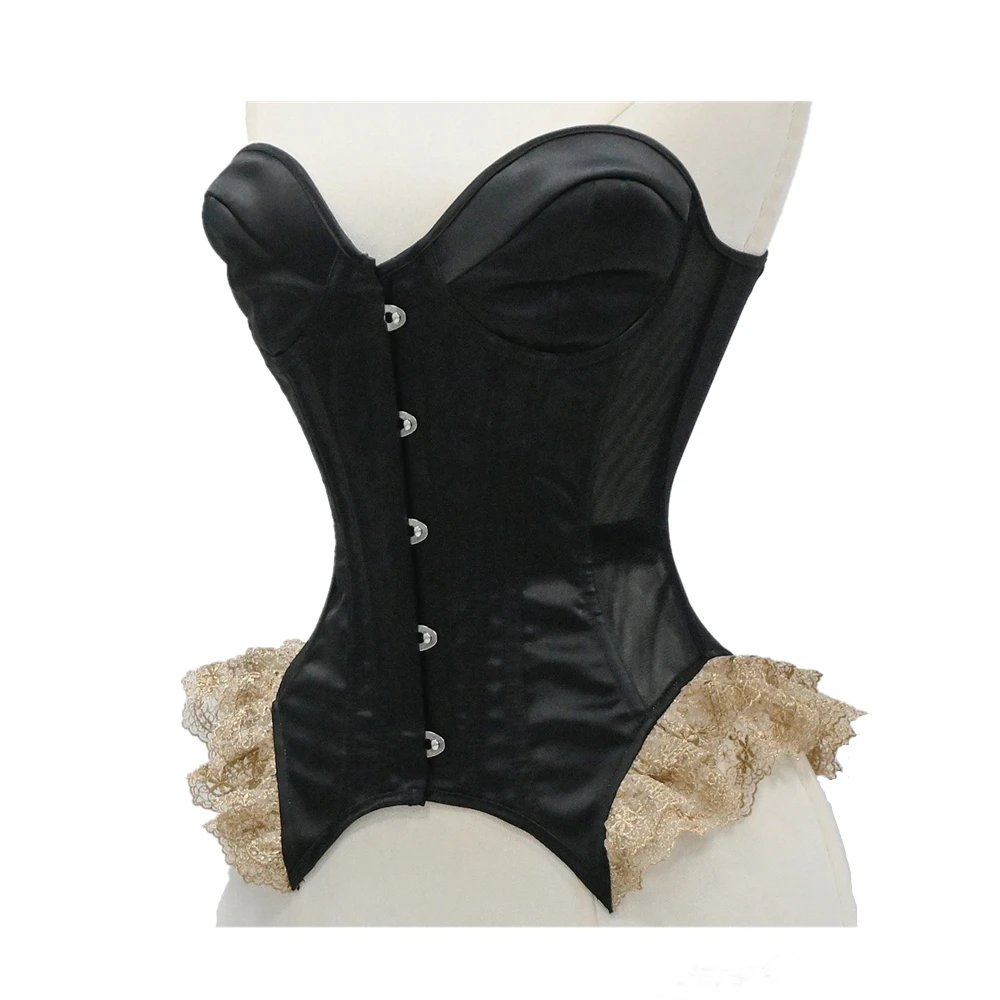 Women court style Corset Bustier With Cups Black Mesh Victorian Ruffle Lace Hem Strapless Lingerie Gothic Lace up Boned Bodice