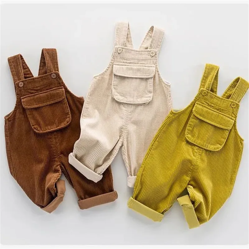 Korean Version Children\'s Corduroy Overalls Spring Autumn Jumpsuits Baby Warm One-Pieces Bodysuit Boys Girls Retro Simple Trouse